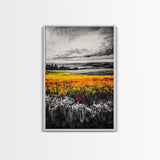 Black White Landscape, Yellow Wildflower Field, Nature Wall Art, Rustic Farmhouse Art, Country Home Decor, Office Art, Framed Canvas Print