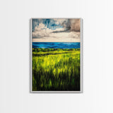 Coastal Landscape, Ocean View, Green Fields, Framed Canvas Print, Serene Wall Art, Nature Inspired, Tranquil Beach Decor, Modern Art