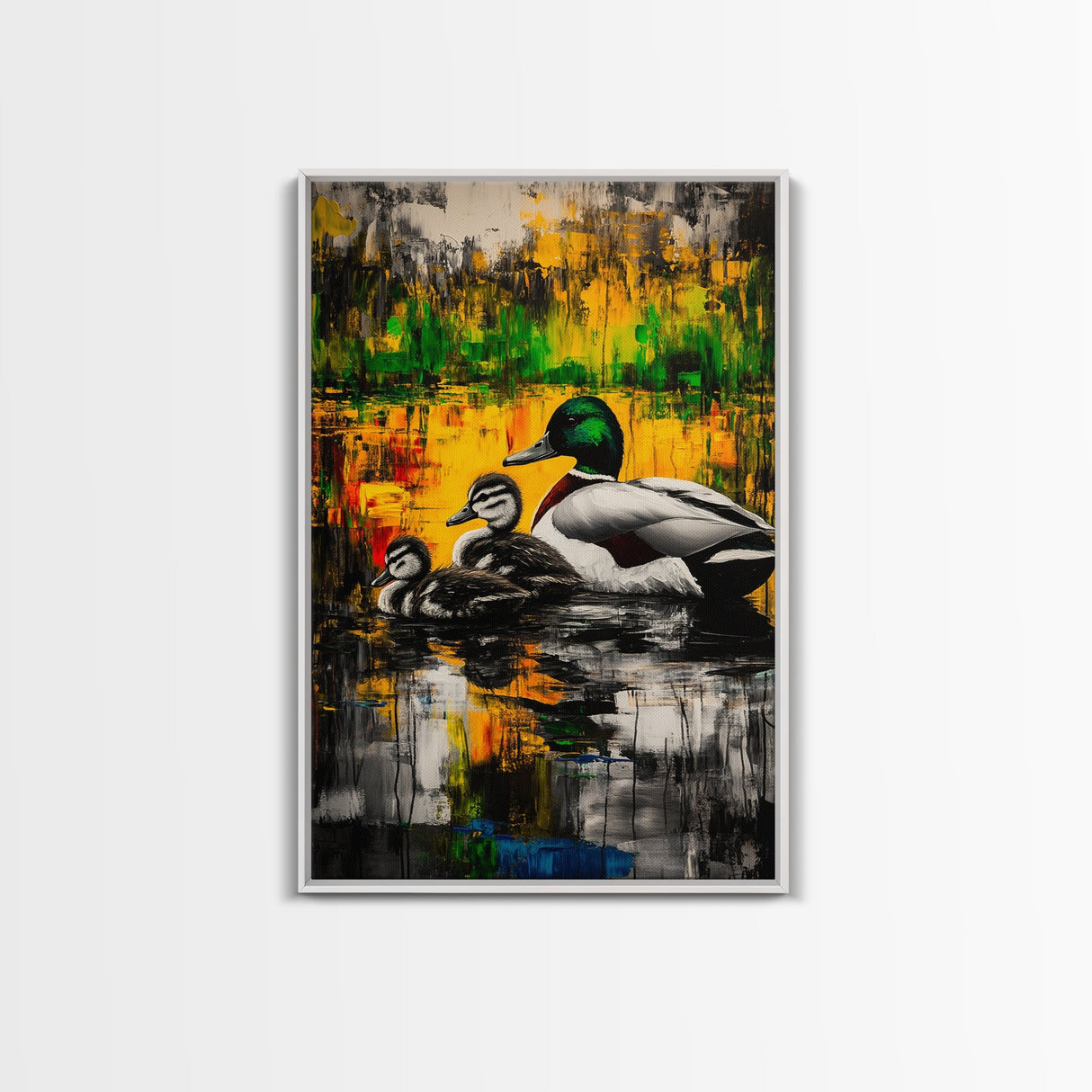 Ducks Pond Nature, Framed Canvas Print, Wildlife Art, Vibrant Watercolor Style, Rustic Wall Decor, Country Home Art, Gift Idea