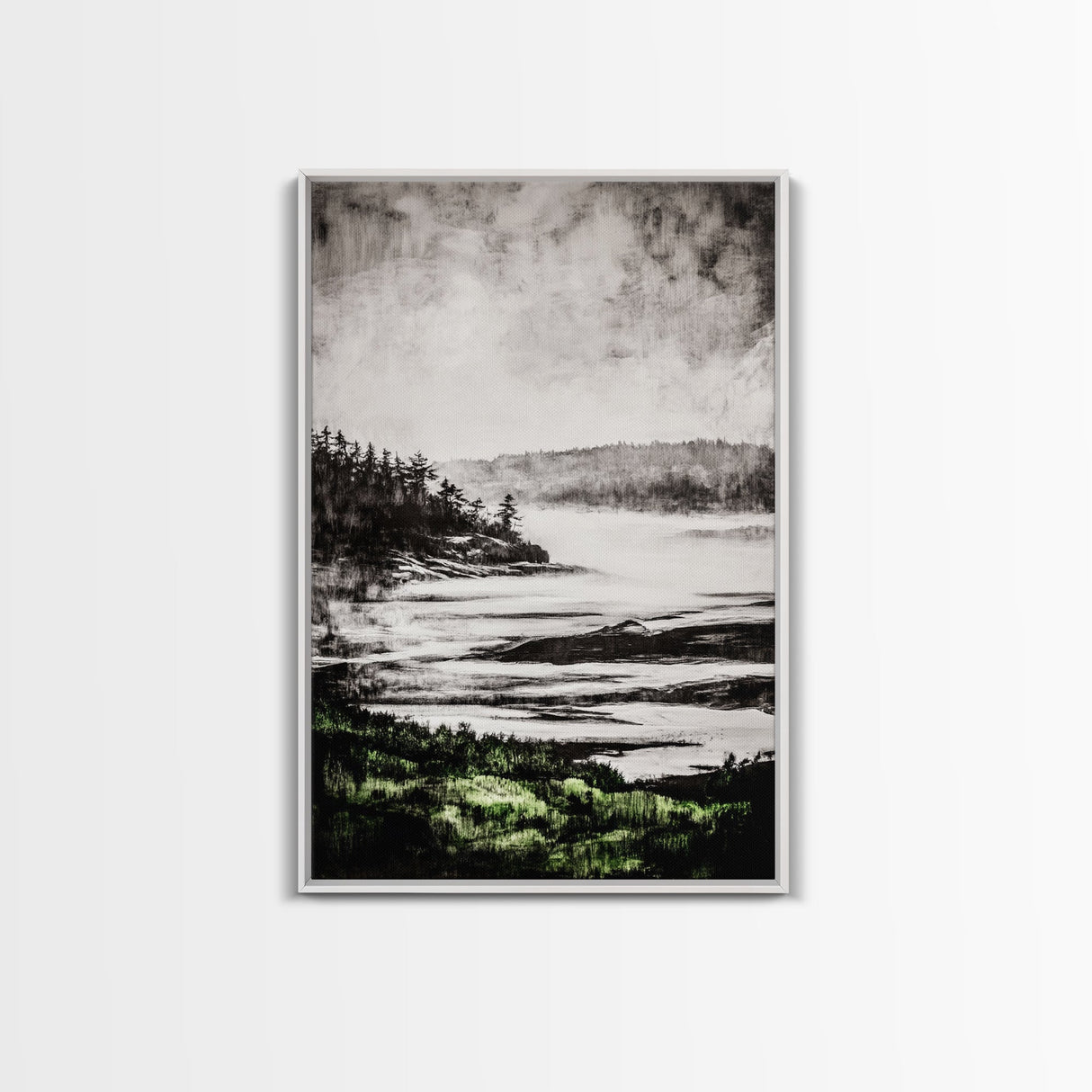 Misty Mountain View, Black and White Landscape, Minimalist Nature Wall Art, Bedroom Decor, Framed Canvas Print, Neutral Aesthetic