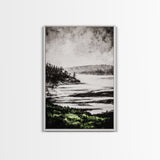 Misty Mountain View, Black and White Landscape, Minimalist Nature Wall Art, Bedroom Decor, Framed Canvas Print, Neutral Aesthetic