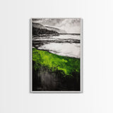 Green Coastal Hills, Ocean Shoreline Painting, Scenic Landscape Art, Office Wall Decor, Nature Inspired Print, Framed Canvas Print