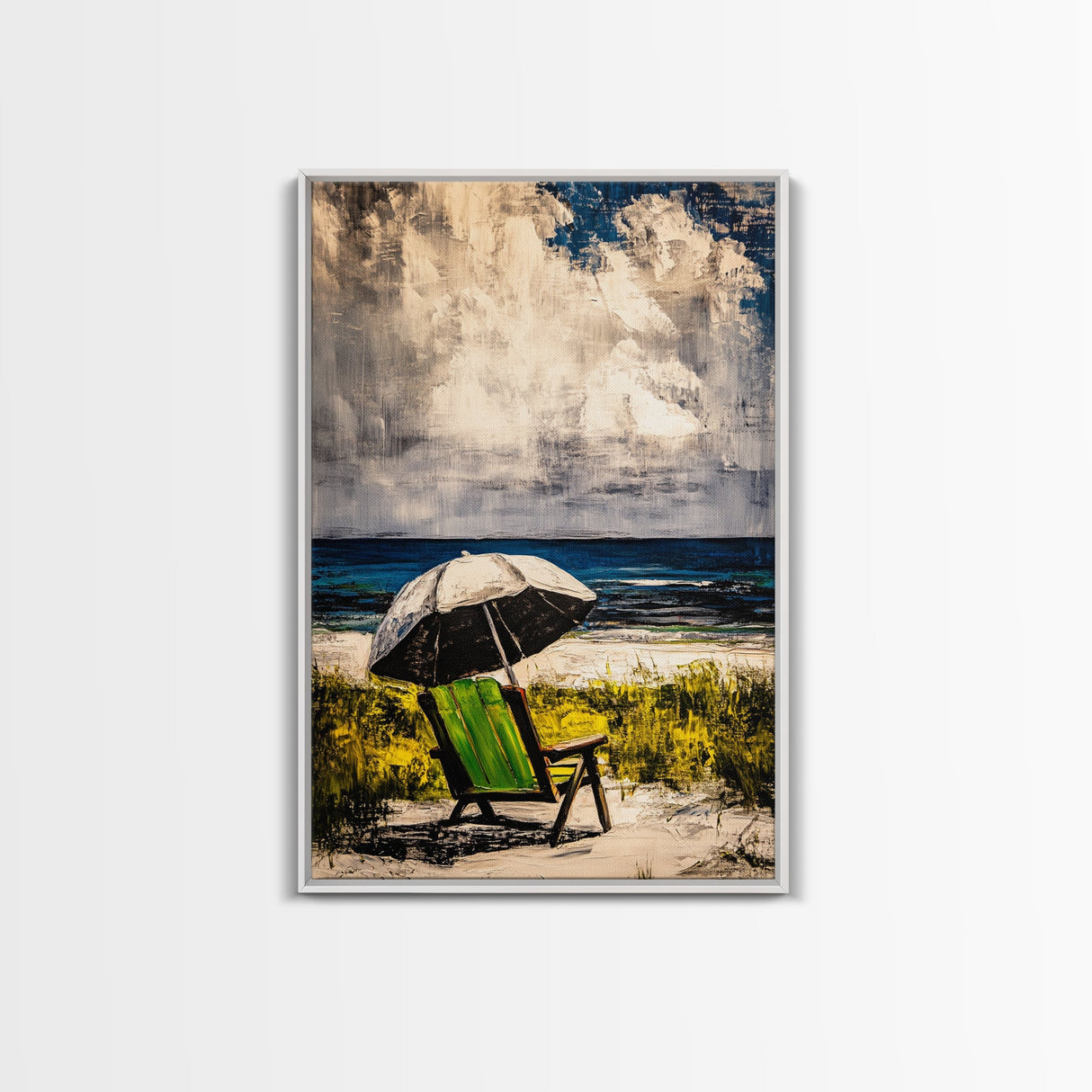Seaside Relaxation Art, Green Beach Chair, Black White Umbrella, Ocean Scene, Serene Wall Decor, Nautical Home Artwork, Canvas Print