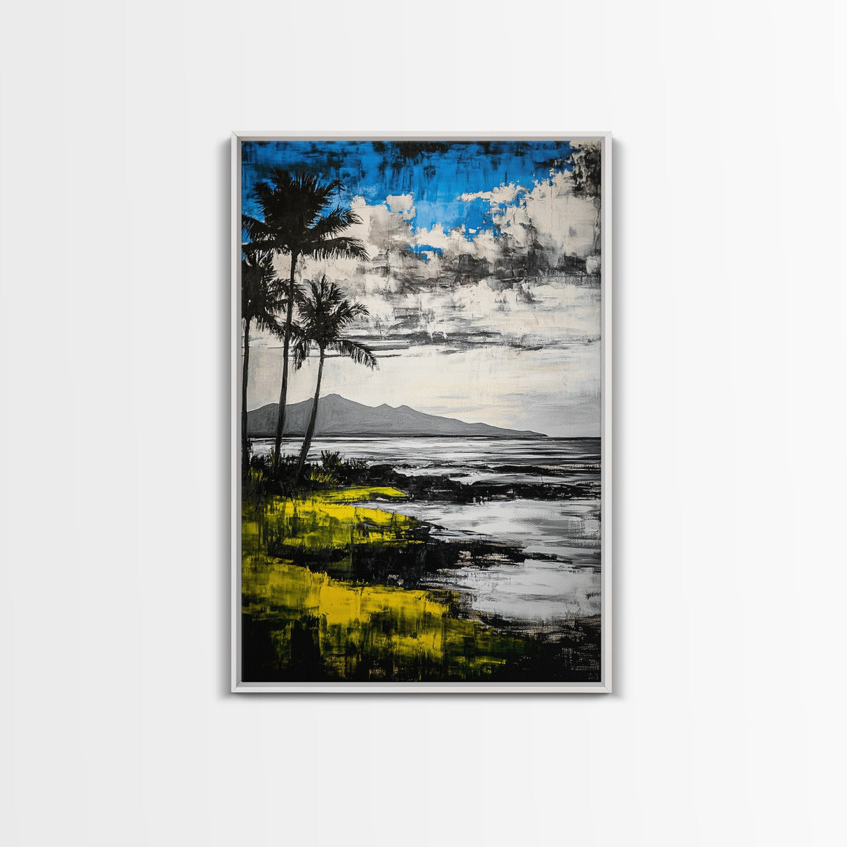 Tropical Beach Scene, Coastal Landscape Art, Black White Blue Yellow, Palm Tree Ocean Decor, Relaxing Home Gift, Framed Canvas Print