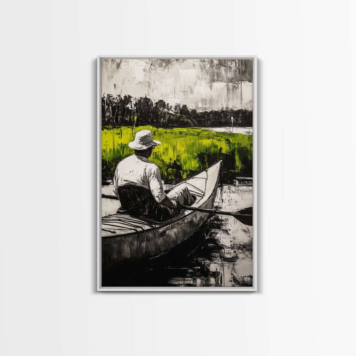 Kayaker River Scene, Black White Green Landscape, Peaceful Nature Art, Adventure Outdoor Wall Decor, Rustic Cabin Gift, Canvas Print