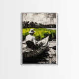 Kayaker River Scene, Black White Green Landscape, Peaceful Nature Art, Adventure Outdoor Wall Decor, Rustic Cabin Gift, Canvas Print