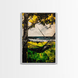 Hammock Breeze, Ocean View, Beach Retreat, Tropical Wall Art, Nature Decor, Black and White Painting, Framed Canvas Print, Coastal Vibes