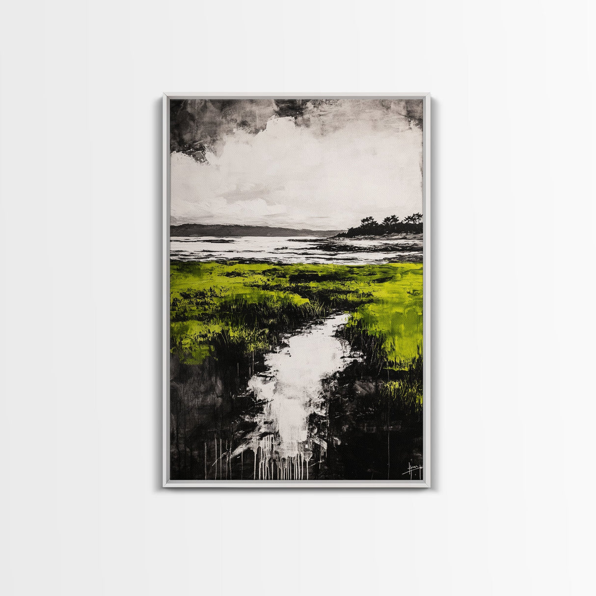Marsh, Coastal Greenery, Landscape Wall Art, Framed Canvas Print, Nature Aesthetic, Living Room Decor, Serene Scenic View, Rustic Style