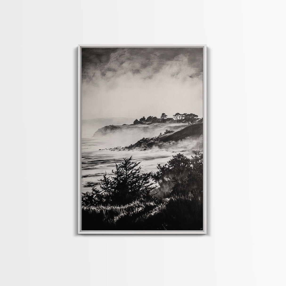 Misty Coast, Black White Art, Framed Canvas Print, Coastal Landscape, Foggy Ocean, Living Room Art, Nautical Decor, Monochrome Art