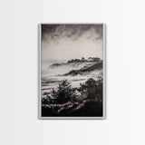 Misty Coast, Black White Art, Framed Canvas Print, Coastal Landscape, Foggy Ocean, Living Room Art, Nautical Decor, Monochrome Art