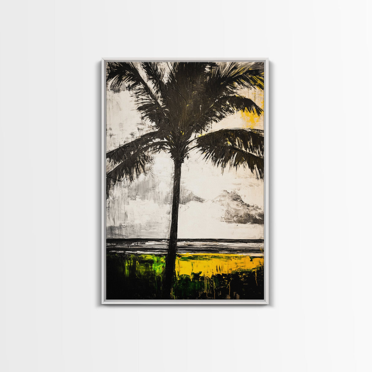 Palm Tree, Tropical Wall Art, Beach House Decor, Relaxing Coastal Print, Island Aesthetic, Monochrome Painting, Framed Canvas Print