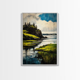 Lake Serenity, Peaceful Waters, Scenic Landscape, Nature Wall Art, Vibrant Green and Blue, Framed Canvas Print, Relaxing Home Decor