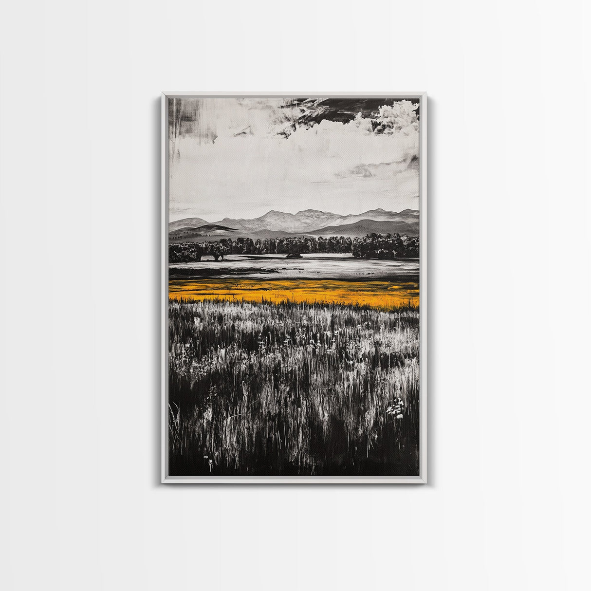 Golden Meadow, Black and White Landscape with Yellow Accents, Minimalist Nature Wall Art, Framed Canvas Print, Living Room or Office Decor
