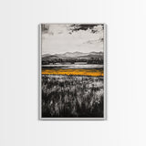 Golden Meadow, Black and White Landscape with Yellow Accents, Minimalist Nature Wall Art, Framed Canvas Print, Living Room or Office Decor