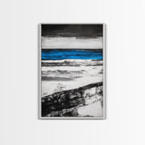 Ocean Horizon, Minimalist Seascape Painting, Black White and Blue Coastal Art, Framed Canvas Print, Modern Living Room or Office Wall Decor
