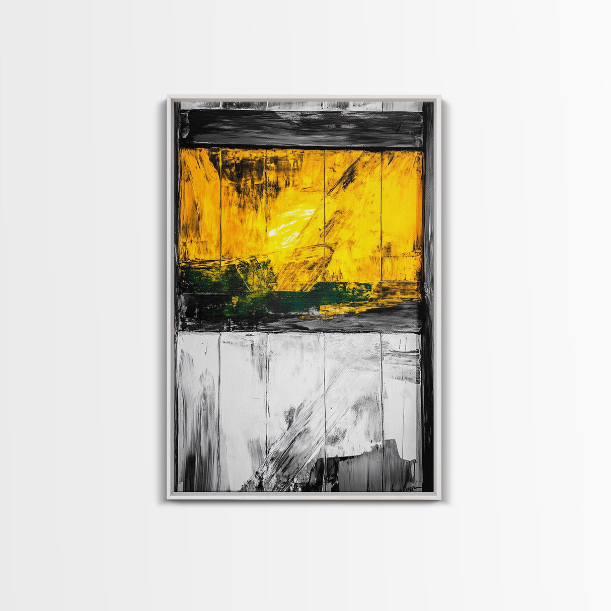 Golden Window, Abstract Rustic Wall Art, Black and White with Yellow Accents, Framed Canvas Print, Farmhouse or Entryway Wall Decor