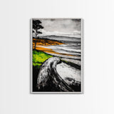 Driftwood Shore, Ocean Beach Wall Art, Modern Coastal Decor, Nature Seascape Print, Tranquil Waves, Framed Canvas Print