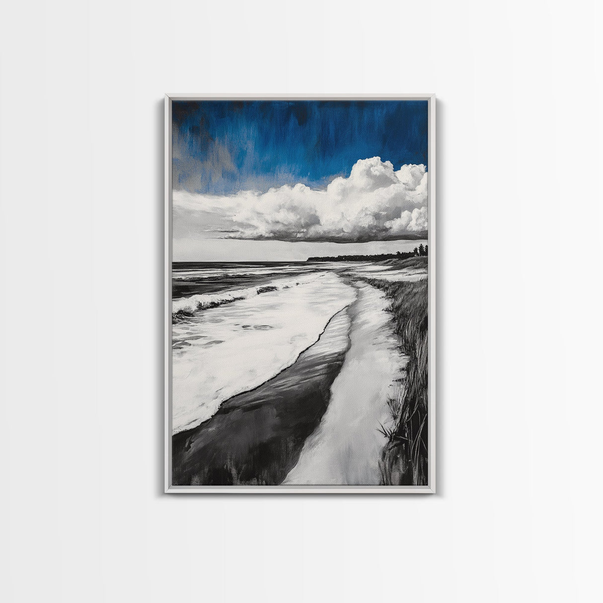 Sandy Path, Tranquil Beach Wall Art, Minimalist Coastal Home Decor, Nature Landscape Print, Ocean Retreat, Framed Canvas Print