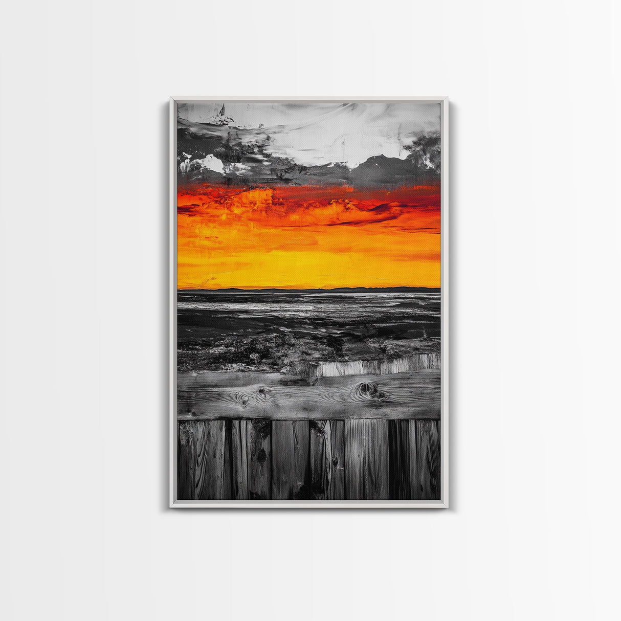 Sunset Landscape, Rustic Fence, Fiery Sky Art, Bold Color Wall Art, Abstract Nature Scene, Canvas Print, Boho Home Decor