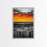 Sunset Landscape, Rustic Fence, Fiery Sky Art, Bold Color Wall Art, Abstract Nature Scene, Canvas Print, Boho Home Decor