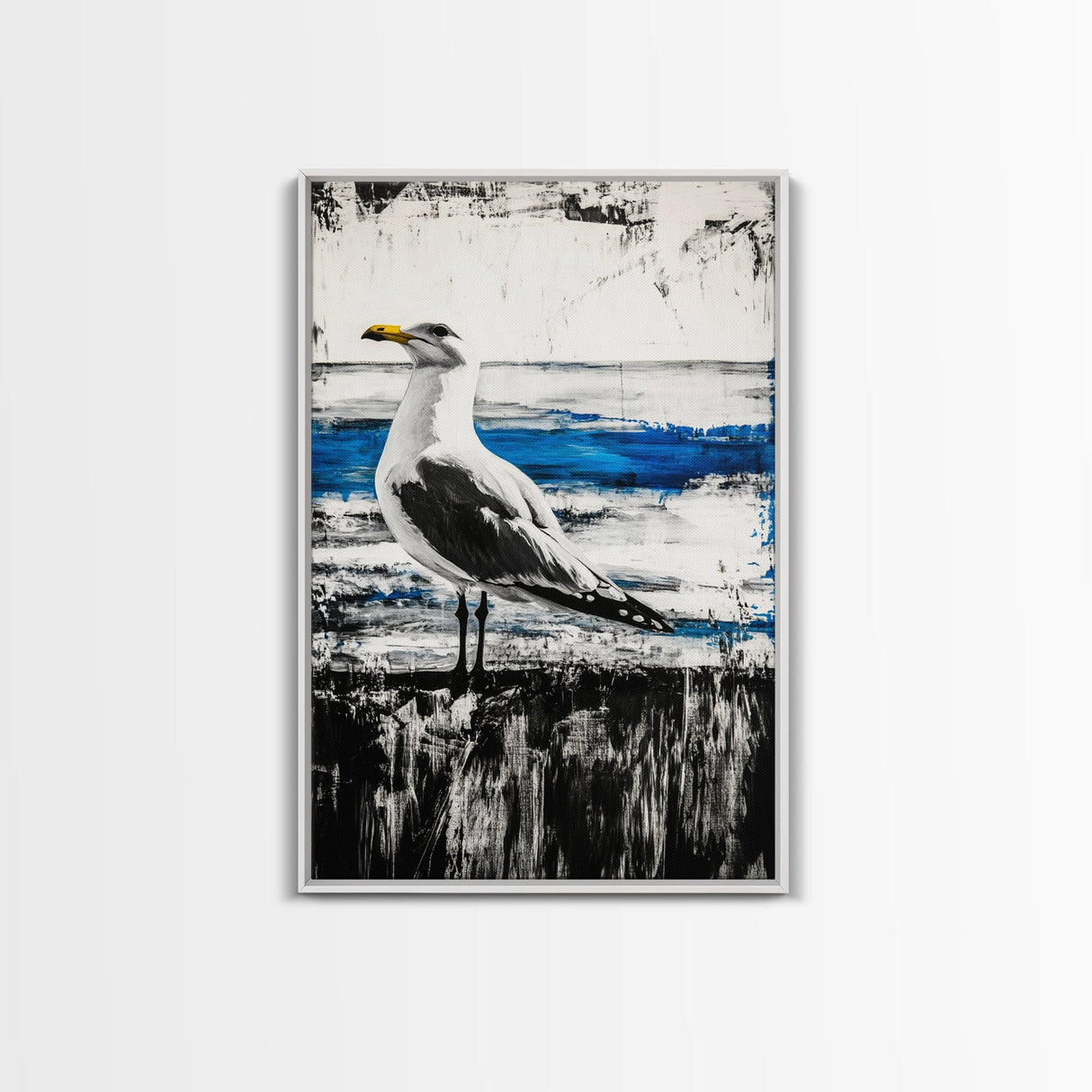 Seagull Painting, Coastal Bird Art, Ocean Wall Decor, Nautical Home Art, Blue and White Theme, Framed Canvas Print, Beach House Decor