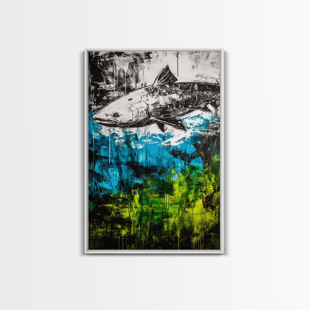 Fish Underwater, Blue Green Art, Abstract Ocean, Framed Canvas Print, Living Room Decor, Coastal Wall Art, Nautical Home Decor