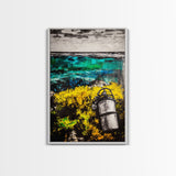 Coastal Lantern, Ocean Shore, Yellow Blue Art, Framed Canvas Print, Nautical Wall Art, Beach House Decor, Rustic Modern Art