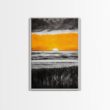 Fiery Sunset, Dramatic Sky, Ocean Scene, Framed Canvas Print, Fall Wall Art, Large Beach Painting, Contemporary Art, Sunset Horizon