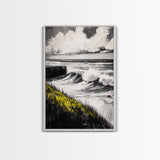Ocean Waves Art, Black and White Seascape, Coastal Home Decor, Minimalist Beach Scene, Tranquil Water Wall Print, Framed Canvas Print