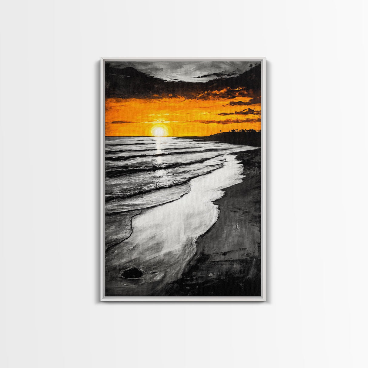 Golden Beach, Sunset Painting, Coastal Horizon, Framed Canvas Print, Seascape Art, Warm Fall Colors, Large Wall Art, Minimalist Style