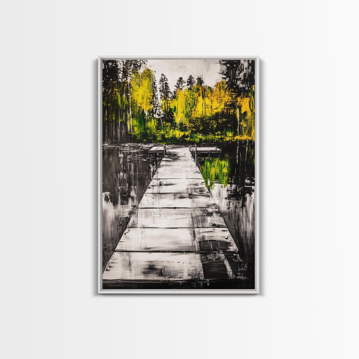Wooden Dock View, Lake House Art, Nature Landscape Print, Rustic Wall Decor, Framed Canvas Print, Black and White Photography, Cabin Art