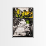 Wooden Dock View, Lake House Art, Nature Landscape Print, Rustic Wall Decor, Framed Canvas Print, Black and White Photography, Cabin Art