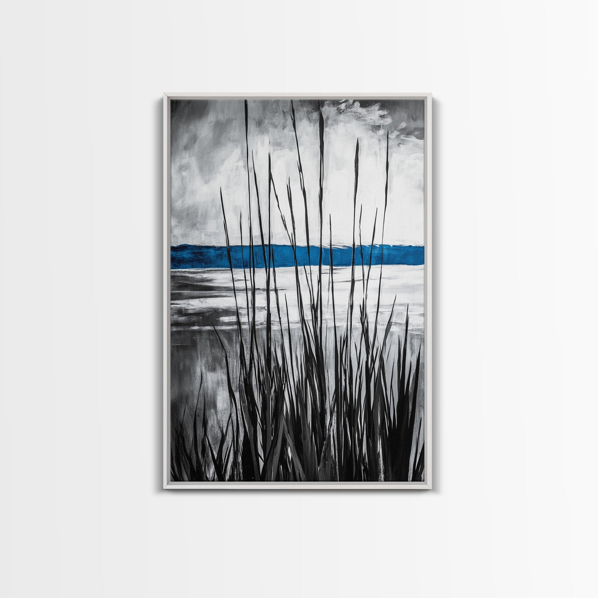Tall Grass, Serene Lake View, Minimalist Coastal Art, Black White Landscape, Contemporary Home Decor, Canvas Print
