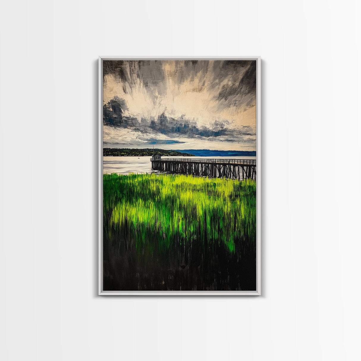 Lakeside Pier, Landscape Painting, Framed Canvas Print, Nature Wall Art, Blue Sky Art, Serene Lake View, Living Room Decor
