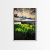 Lakeside Pier, Landscape Painting, Framed Canvas Print, Nature Wall Art, Blue Sky Art, Serene Lake View, Living Room Decor