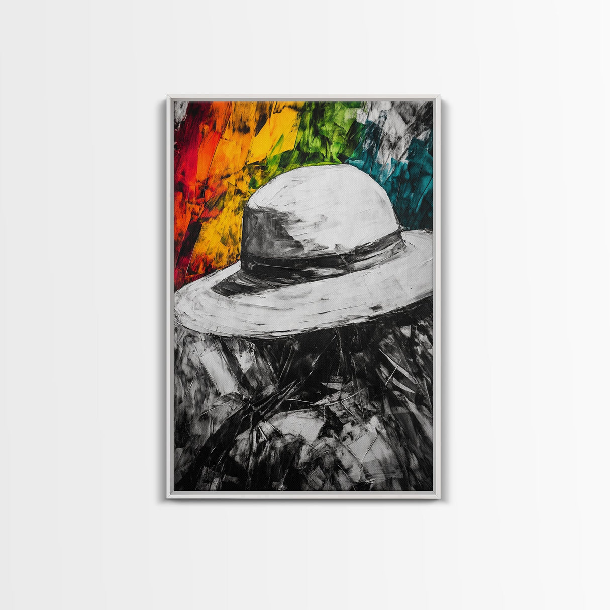 White Hat, Western Art, Framed Canvas Print, Southwestern Decor, Rustic Wall Art, Colorful Abstract Art, Boho Living Room Art