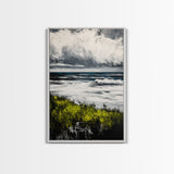 Ocean Waves, Storm Clouds, Coastal Drama, Seascape Wall Art, Framed Canvas Print, Modern Home Decor, Blue Gray Tones, Beach Aesthetic
