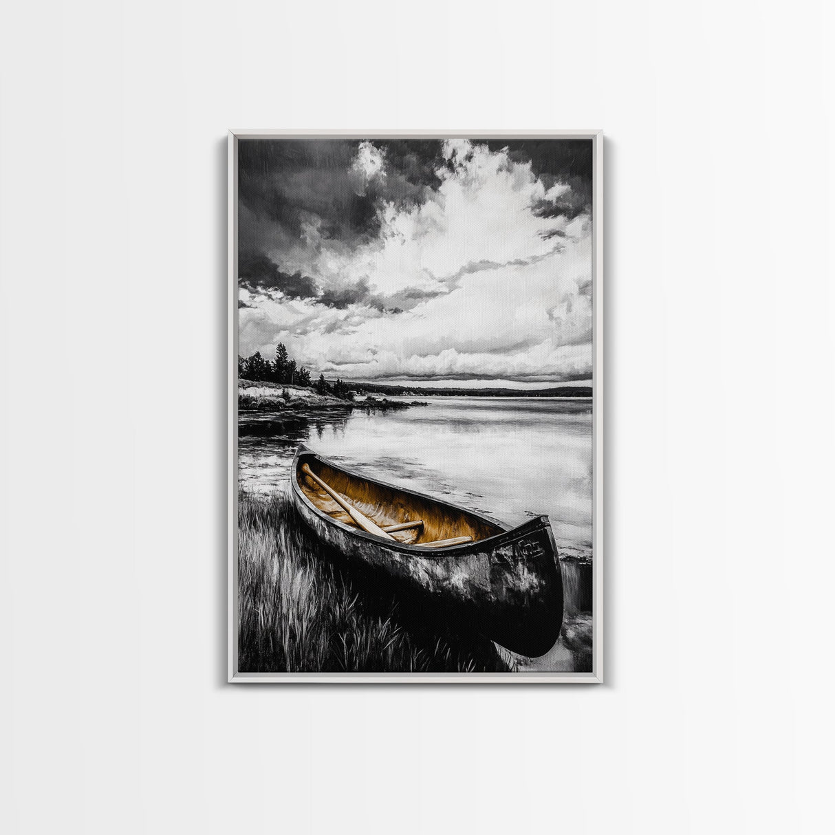 Rustic Canoe, Lake Wall Art, Black and White Decor, Nature Photography, Lodge Wall Decor, Cabin Art, Wilderness Print, Framed Canvas Print