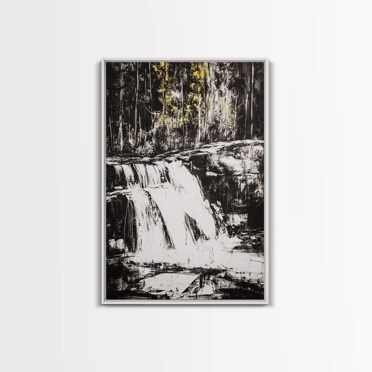 Waterfall Scene, Black and White Art, Forest Wall Decor, Cabin Aesthetic, Adventure Landscape Print, Wilderness Gift, Canvas Print