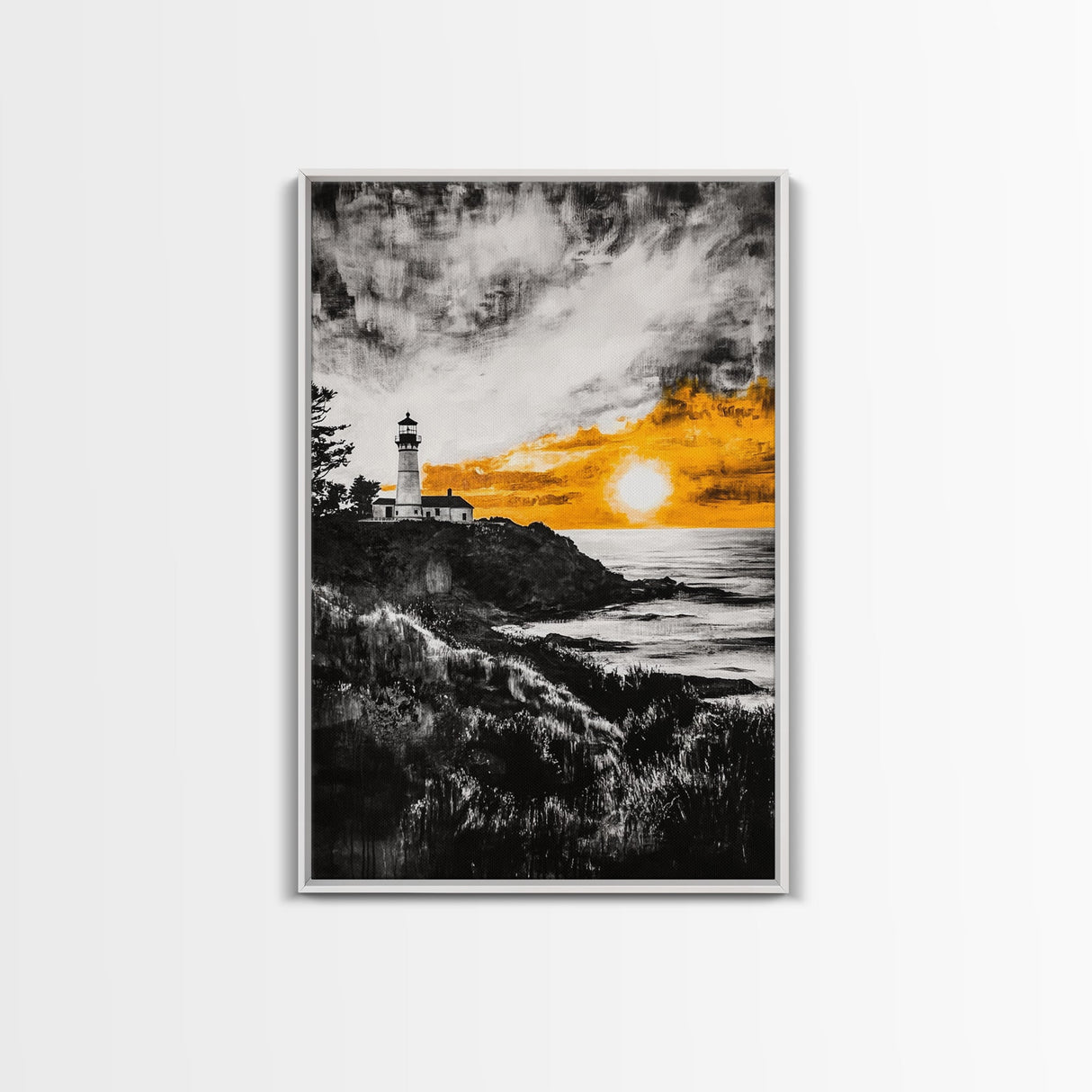 Lighthouse Sunset, Nautical Wall Art, Coastal Painting, Canvas Print, Orange and Black Artwork, Ocean Home Decor, Beach House Design