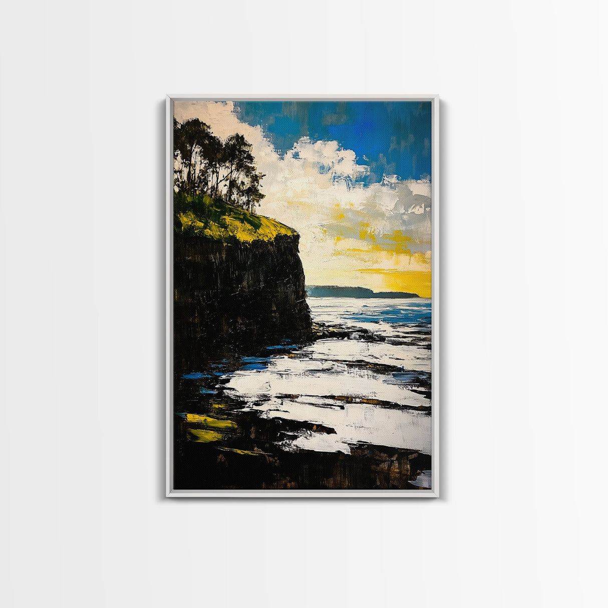 Dramatic Seascape, Cliffside View, Blue and Yellow Art, Canvas Print, Coastal Wall Decor, Beach House Artwork, Contemporary Style