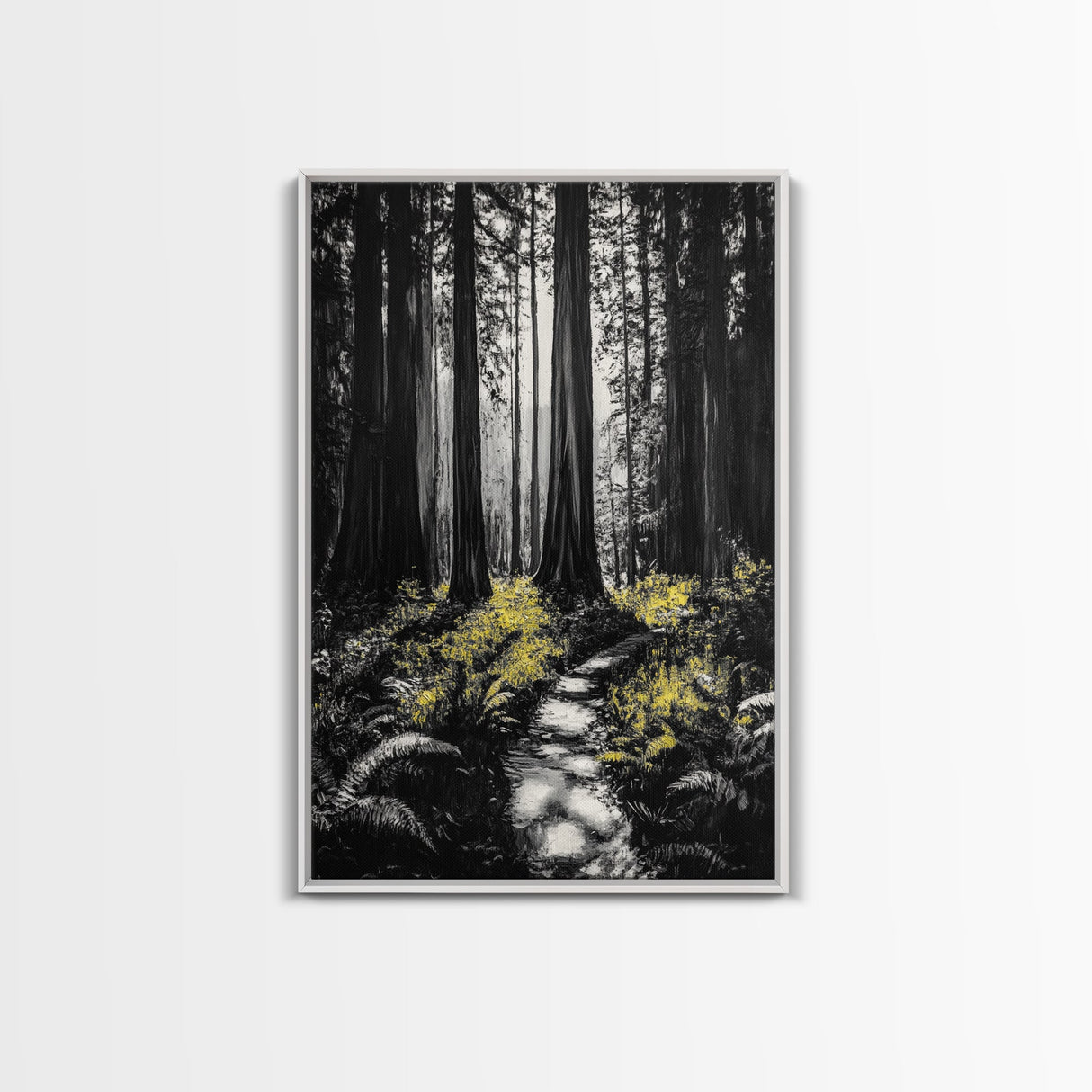 Redwood Forest, Tall Trees, Nature Path, Canvas Print, Moody Wall Art, Black and White Painting, Rustic Home Decor, Cabin Artwork