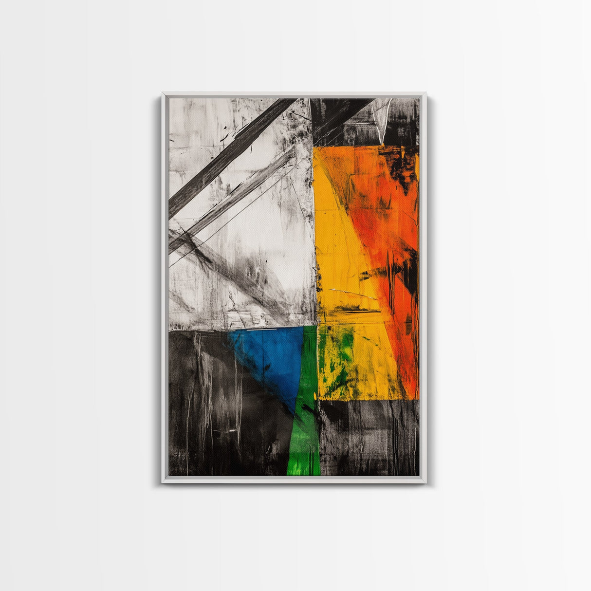 Abstract Geometric Art, Yellow Orange Blue Green, Black White Art, Minimalist Wall Decor, Contemporary Office Art, Framed Canvas Print