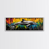 Dolphin Splash, Ocean Wildlife, Framed Canvas Print, Colorful Wall Art, Beach House Decor, Living Room Art, Vibrant Sea Life Painting