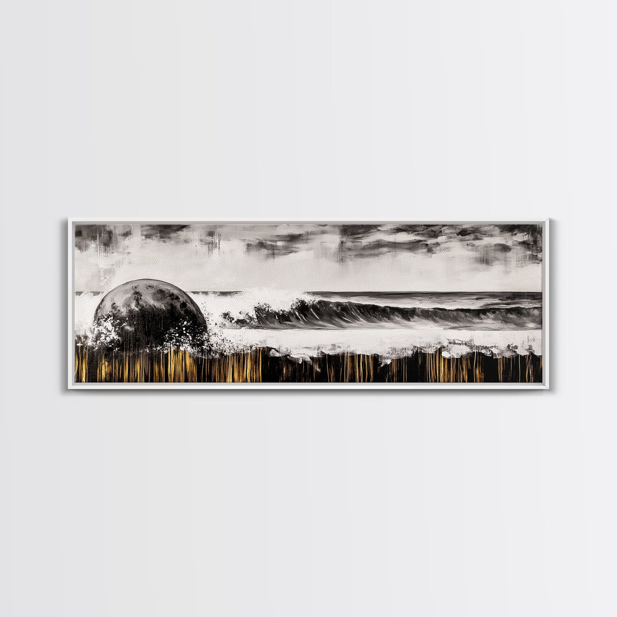Surreal Ocean Art, Black and White Wave Print, Modern Seascape Painting, Coastal Wall Decor, Abstract Beach Canvas Print, Framed Canvas Print