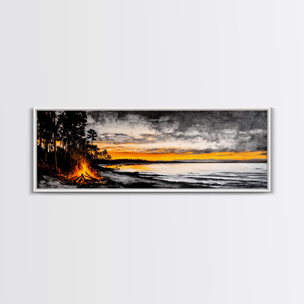 Campfire by Lake, Sunset Landscape Art, Cozy Rustic Print, Fall Wall Decor, Outdoor Adventure Canvas Print, Framed Canvas Print