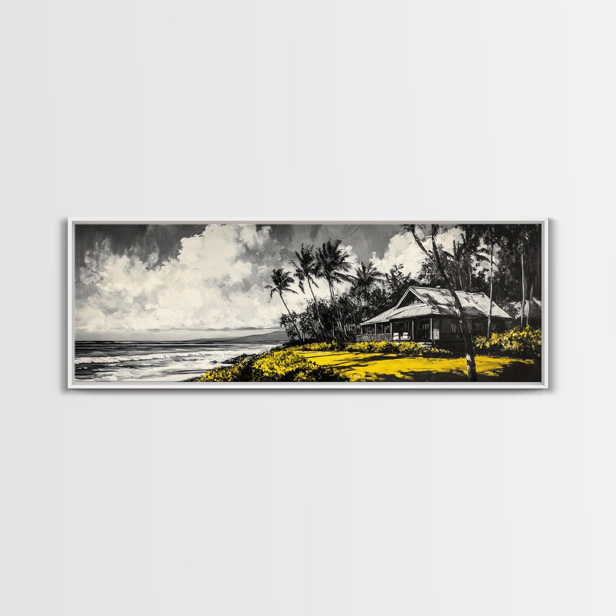 Tropical Beach House, Coastal Landscape Painting, Black and White Palm Tree Print, Island Wall Decor, Relaxing Canvas Print, Framed Canvas Print
