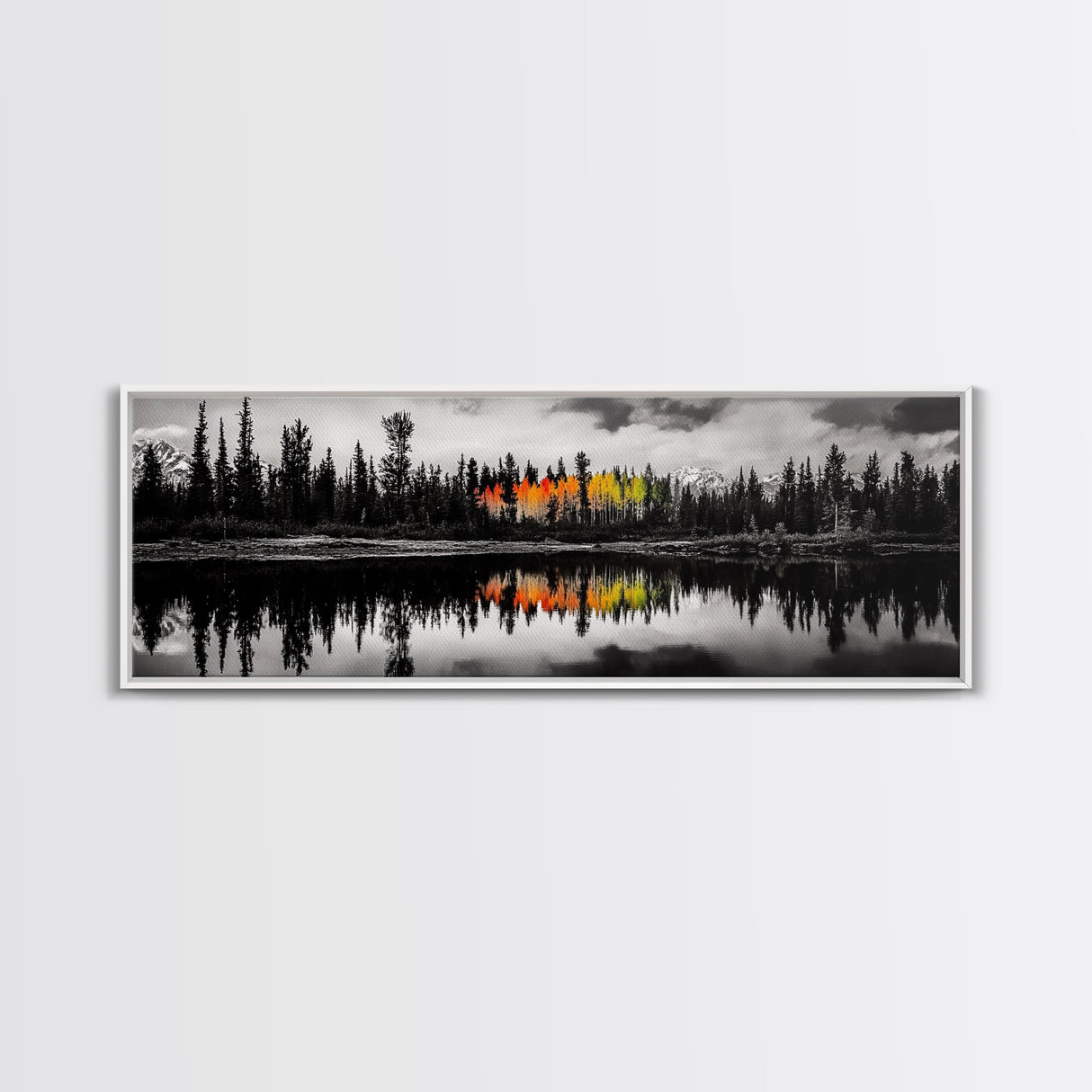 Fall Reflections, Black and White Forest, Vibrant Autumn Colors, Nature Photography, Living Room Wall Art, Canvas Print, Large Wall Art