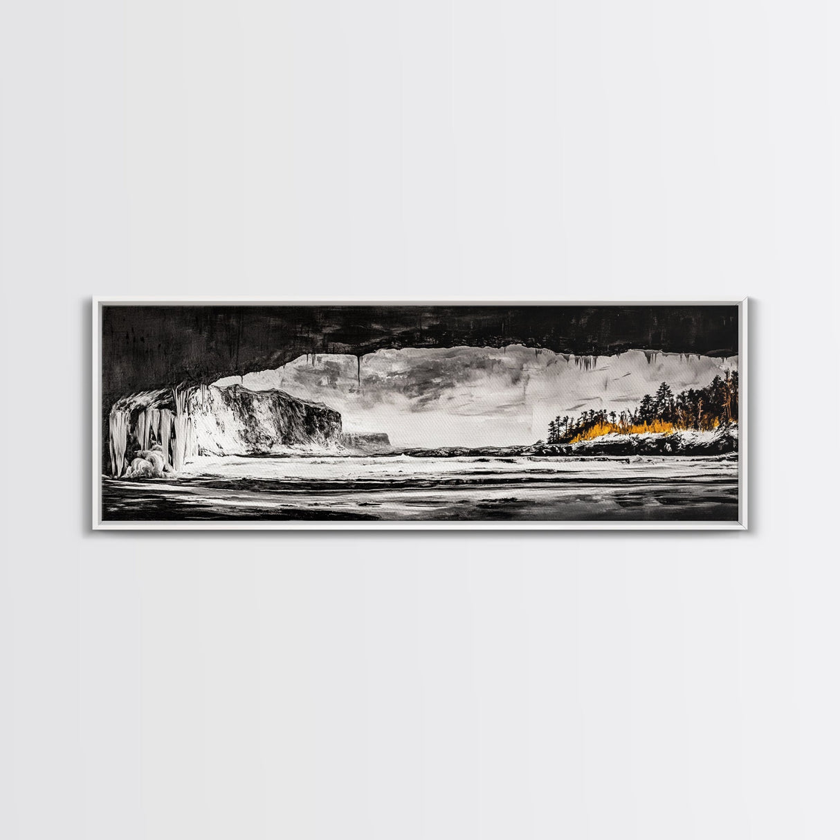 Frozen Cave, Monochrome Landscape, Framed Canvas Print, Winter Wall Art, Dramatic Nature Scene, Home Office Decor, Unique Black and White Art