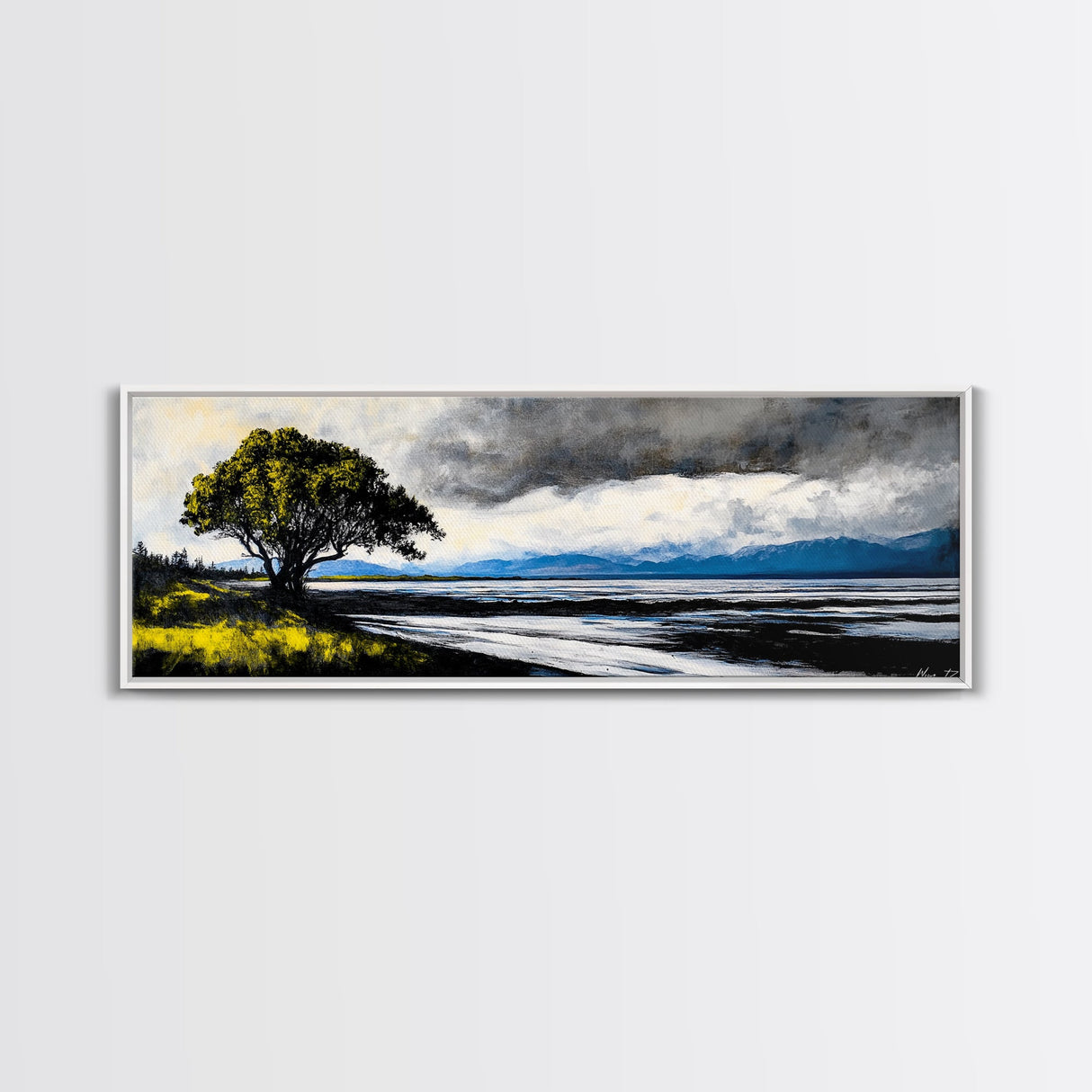 Stormy Landscape, Dramatic Tree Art, Coastal Wall Art, Nature Inspired Decor, Framed Canvas Print, Living Room Art, Moody Wall Art, Blue Tones